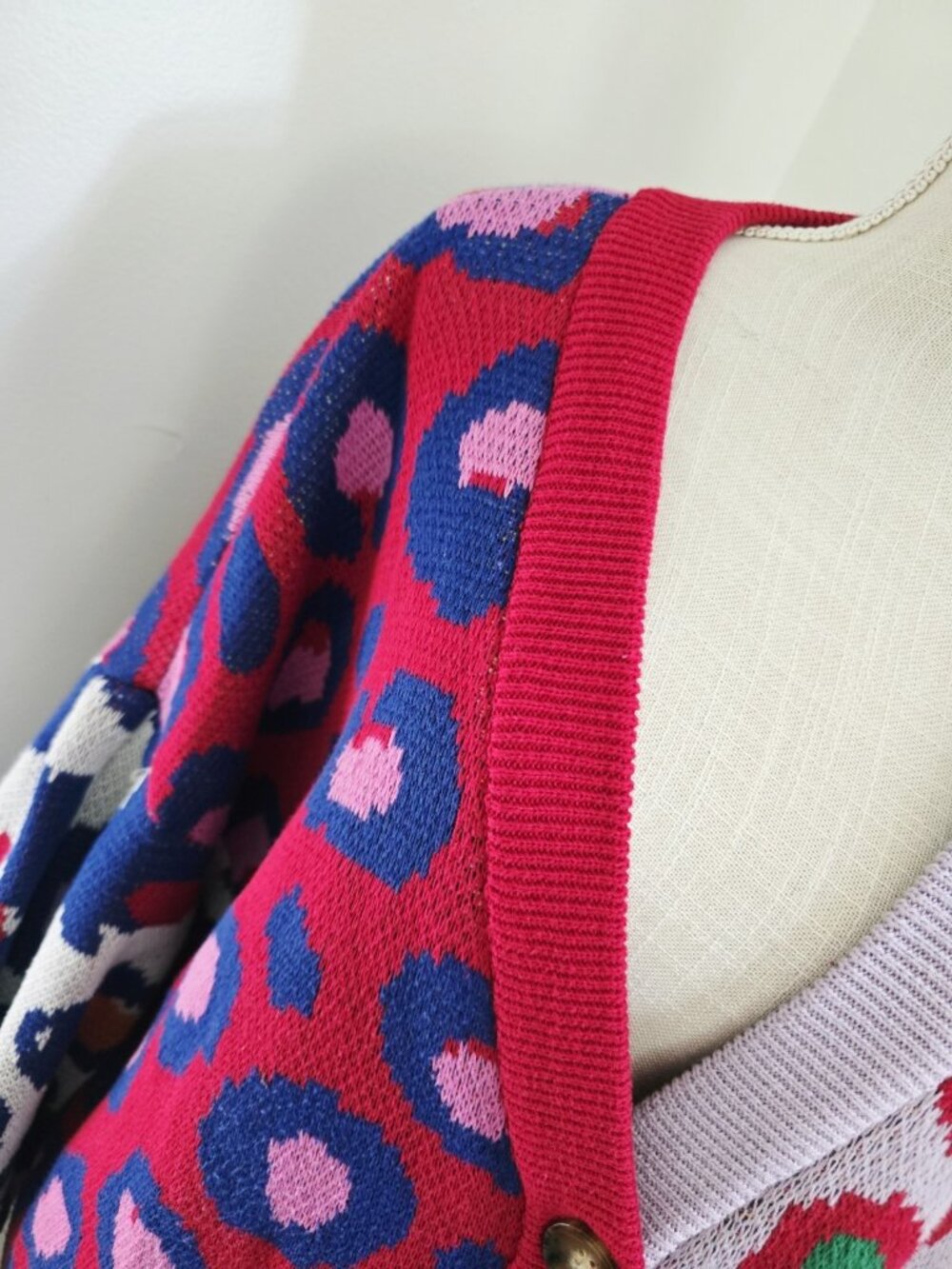 Farm RIO Leopard Pop Cotton Cardigan Sweater S Oversize Baggy Relaxed Multicolor - Picture 9 of 13